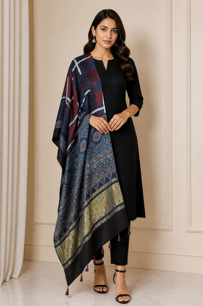 Ajrakh Modal Silk Natural Dye Hand Block Print Dupatta with Golden Border - 2.5 Mtr Length    -  SKU : AI21B01J