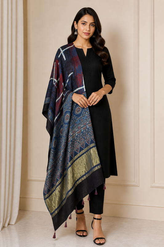 Ajrakh Modal Silk Natural Dye Hand Block Print Dupatta with Golden Border - 2.5 Mtr Length    -  SKU : AI21B01J