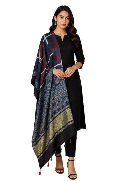 Ajrakh Modal Silk Natural Dye Hand Block Print Dupatta with Golden Border - 2.5 Mtr Length    -  SKU : AI21B01J