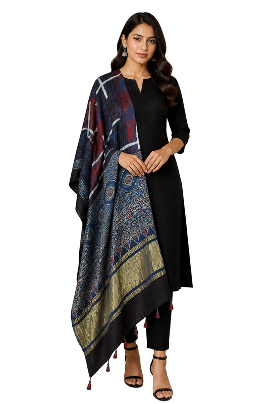 Ajrakh Modal Silk Natural Dye Hand Block Print Dupatta with Golden Border - 2.5 Mtr Length    -  SKU : AI21B01J