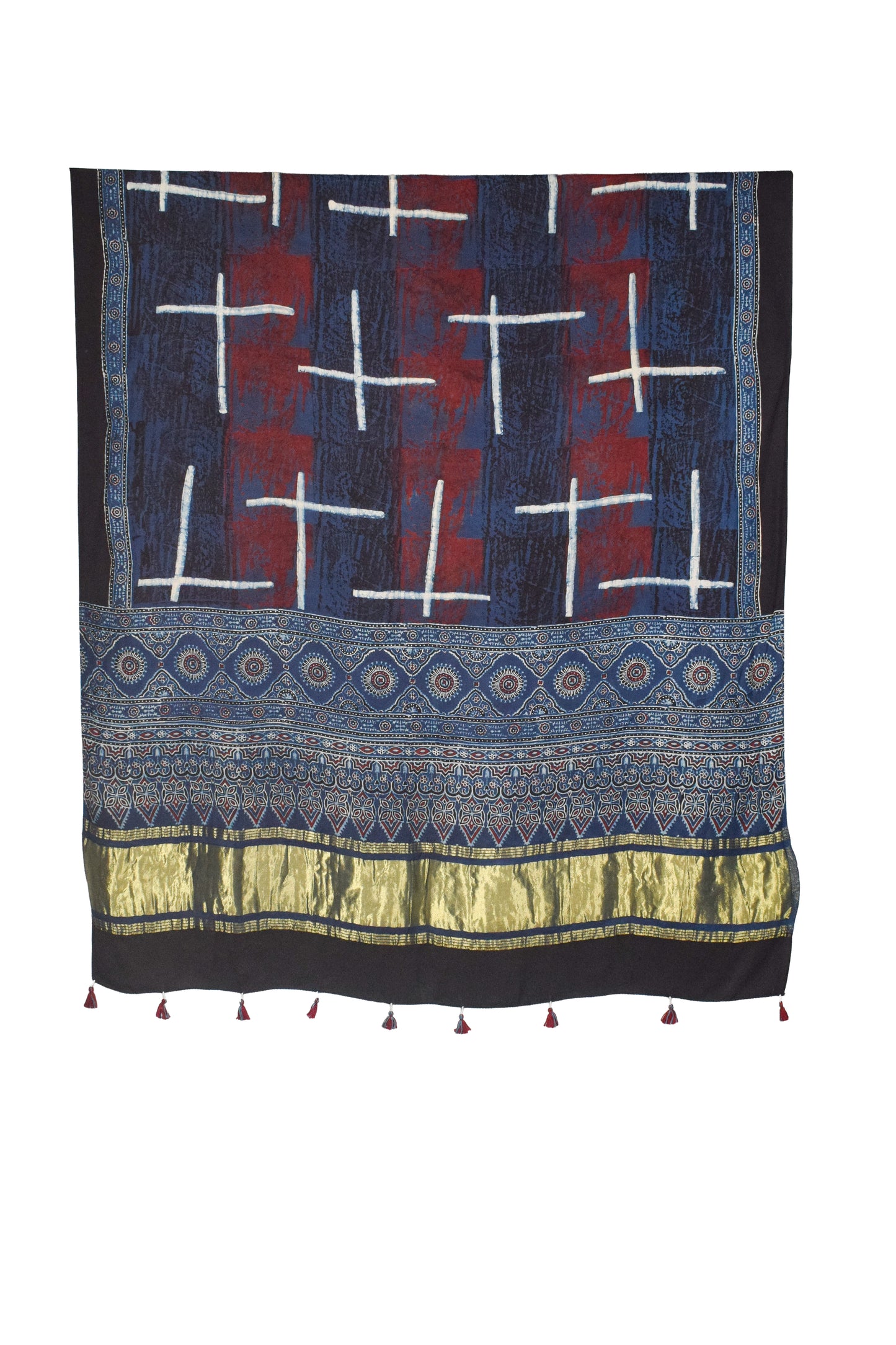 Ajrakh Modal Silk Natural Dye Hand Block Print Dupatta with Golden Border - 2.5 Mtr Length    -  SKU : AI21B01J