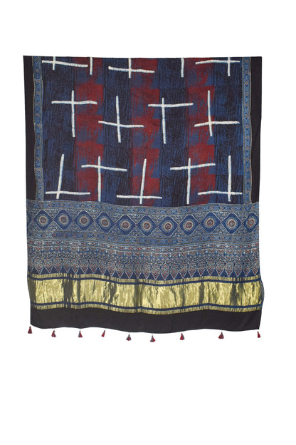 Ajrakh Modal Silk Natural Dye Hand Block Print Dupatta with Golden Border - 2.5 Mtr Length    -  SKU : AI21B01J