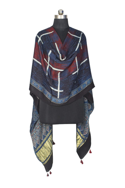 Ajrakh Modal Silk Natural Dye Hand Block Print Dupatta with Golden Border - 2.5 Mtr Length    -  SKU : AI21B01J