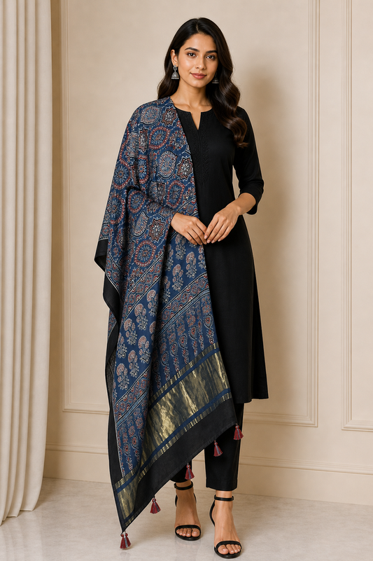 Ajrakh Modal Silk Natural Dye Hand Block Print Dupatta with Golden Border - 2.5 Mtr Length    -  SKU : AI21B01K