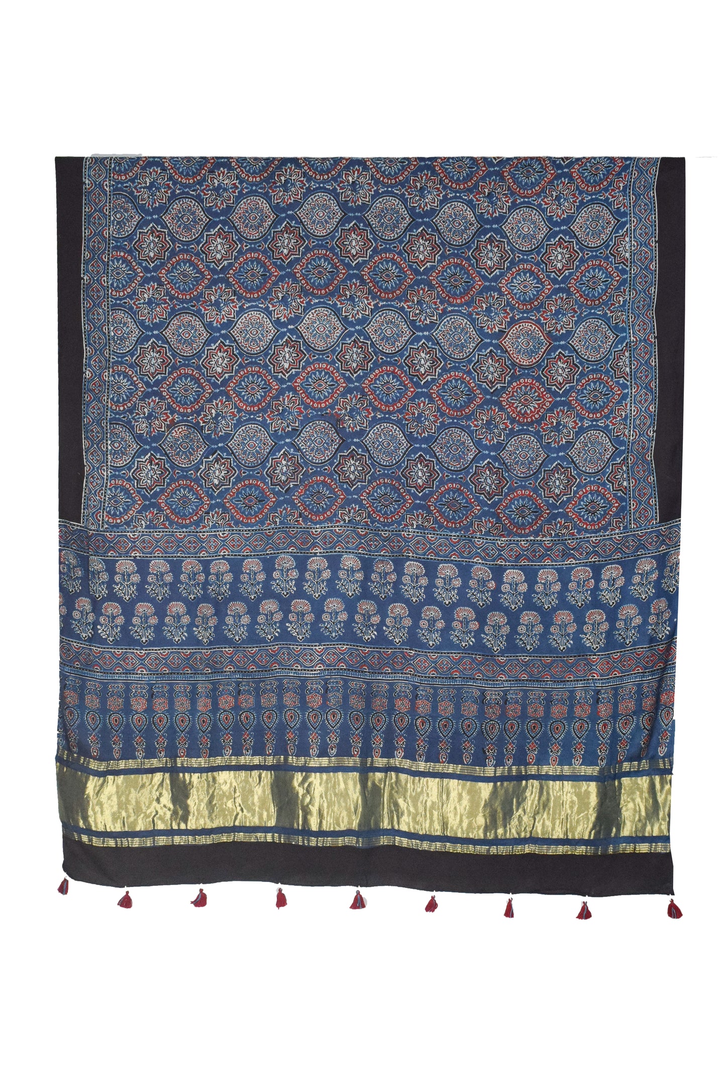 Ajrakh Modal Silk Natural Dye Hand Block Print Dupatta with Golden Border - 2.5 Mtr Length    -  SKU : AI21B01K