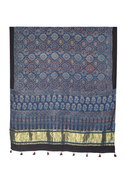 Ajrakh Modal Silk Natural Dye Hand Block Print Dupatta with Golden Border - 2.5 Mtr Length    -  SKU : AI21B01K