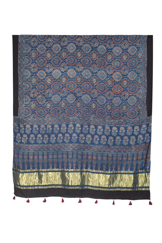 Ajrakh Modal Silk Natural Dye Hand Block Print Dupatta with Golden Border - 2.5 Mtr Length    -  SKU : AI21B01K
