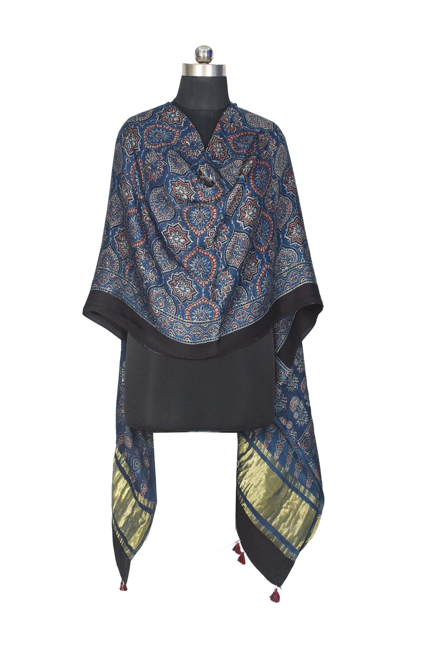 Ajrakh Modal Silk Natural Dye Hand Block Print Dupatta with Golden Border - 2.5 Mtr Length    -  SKU : AI21B01K