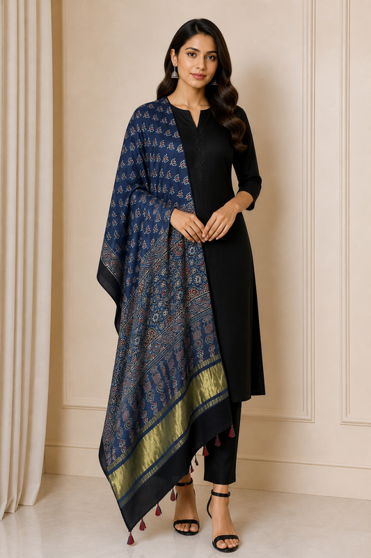 Ajrakh Modal Silk Natural Dye Hand Block Print Dupatta with Golden Border - 2.5 Mtr Length    -  SKU : AI21B01L