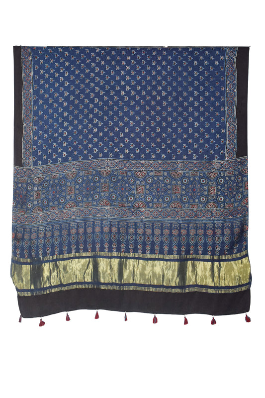 Ajrakh Modal Silk Natural Dye Hand Block Print Dupatta with Golden Border - 2.5 Mtr Length    -  SKU : AI21B01L