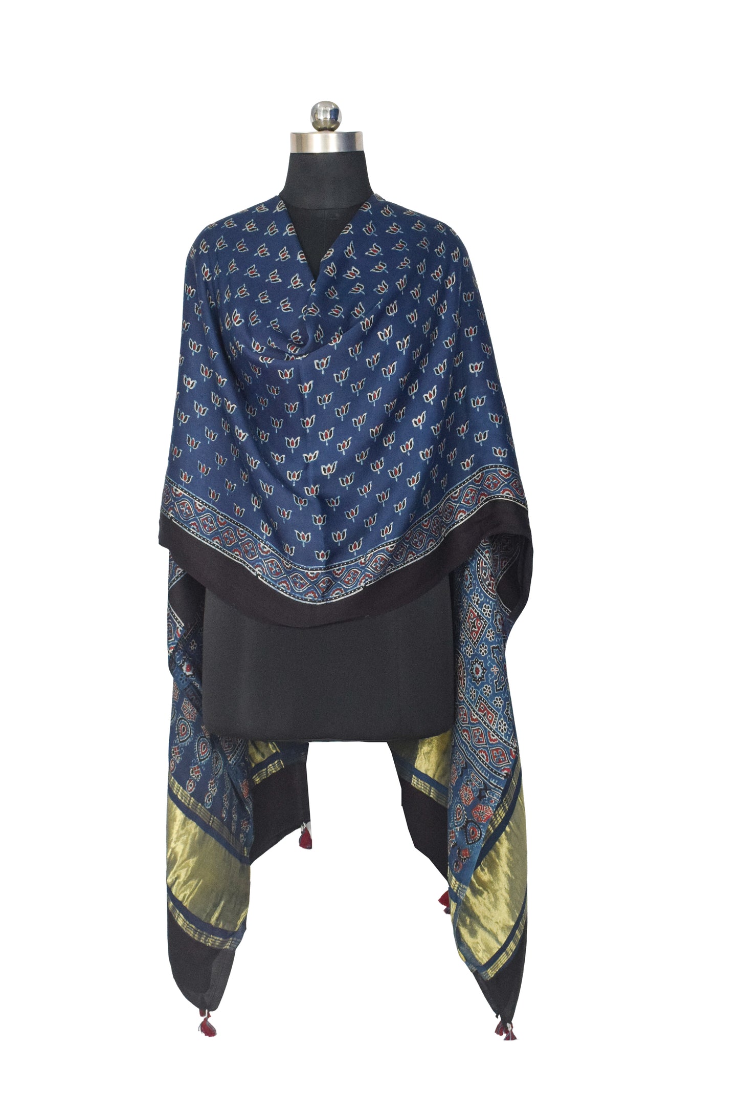 Ajrakh Modal Silk Natural Dye Hand Block Print Dupatta with Golden Border - 2.5 Mtr Length    -  SKU : AI21B01L