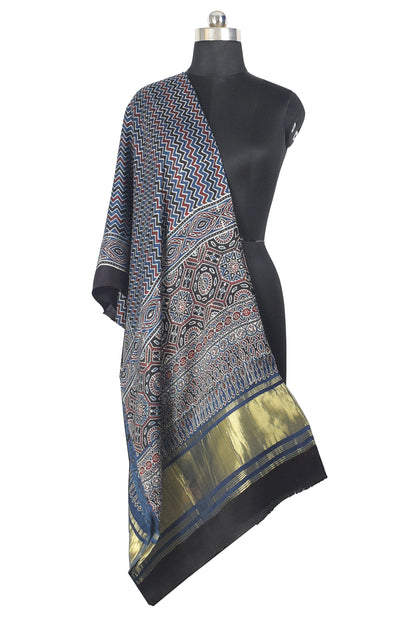 Ajrakh Modal Silk Natural Dye Hand Block Print Dupatta with Golden Border - 2.5 Mtr Length    -  SKU : AI21B01M