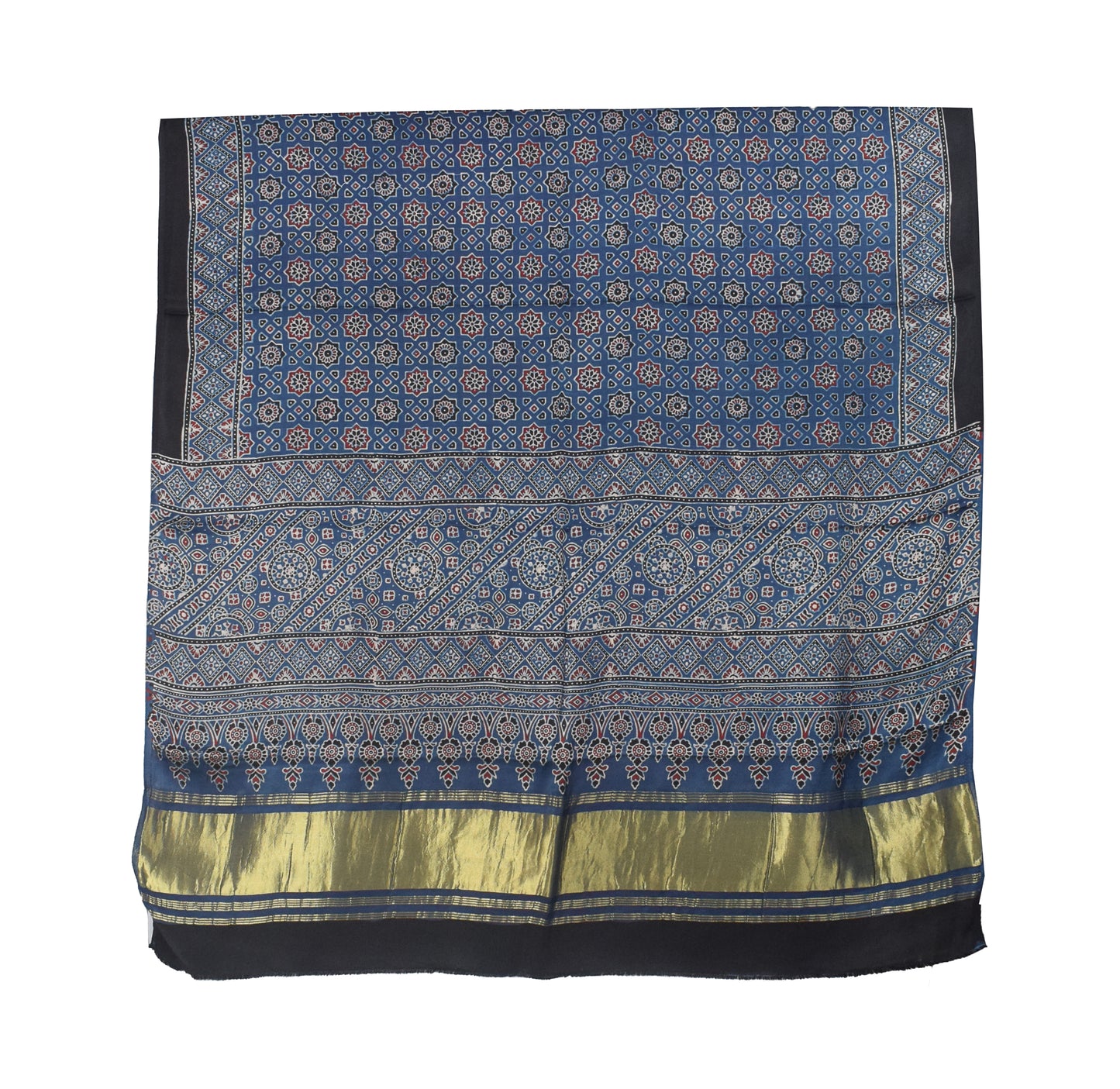 Ajrakh Modal Silk Natural Dye Hand Block Print Dupatta with Golden Border - 2.5 Mtr Length    -  SKU : AI21B01R