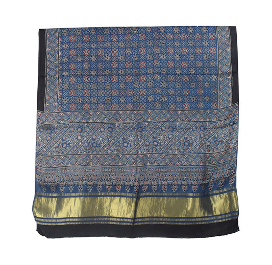 Ajrakh Modal Silk Natural Dye Hand Block Print Dupatta with Golden Border - 2.5 Mtr Length    -  SKU : AI21B01R