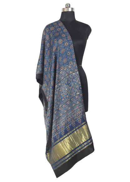 Ajrakh Modal Silk Natural Dye Hand Block Print Dupatta with Golden Border - 2.5 Mtr Length    -  SKU : AI21B01R