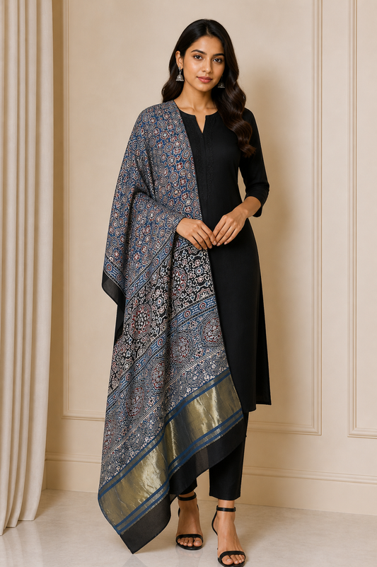 Ajrakh Modal Silk Natural Dye Hand Block Print Dupatta with Golden Border - 2.5 Mtr Length    -  SKU : AI21B01W