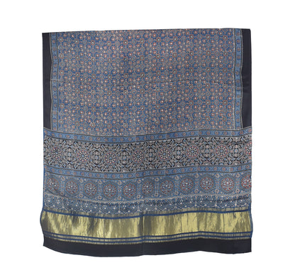 Ajrakh Modal Silk Natural Dye Hand Block Print Dupatta with Golden Border - 2.5 Mtr Length    -  SKU : AI21B01W