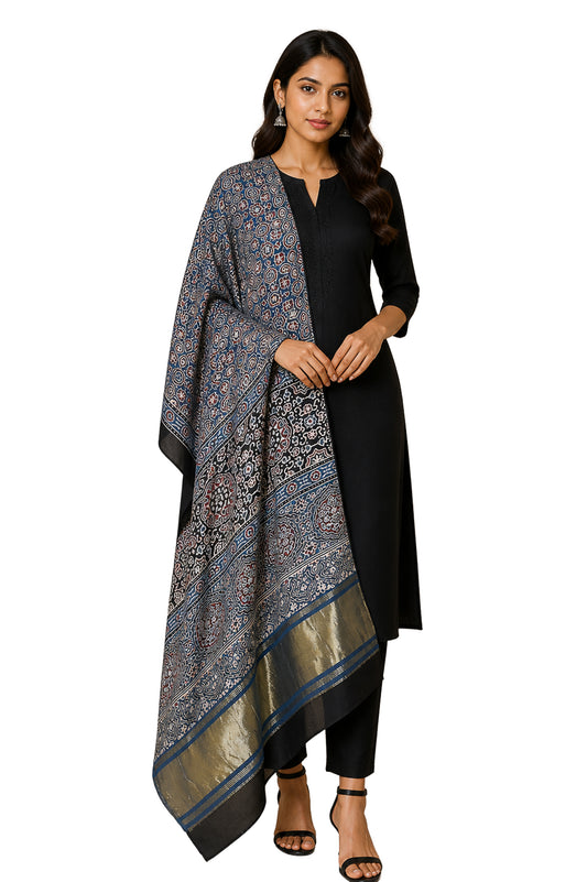 Ajrakh Modal Silk Natural Dye Hand Block Print Dupatta with Golden Border - 2.5 Mtr Length    -  SKU : AI21B01W