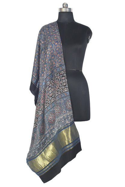 Ajrakh Modal Silk Natural Dye Hand Block Print Dupatta with Golden Border - 2.5 Mtr Length    -  SKU : AI21B01W