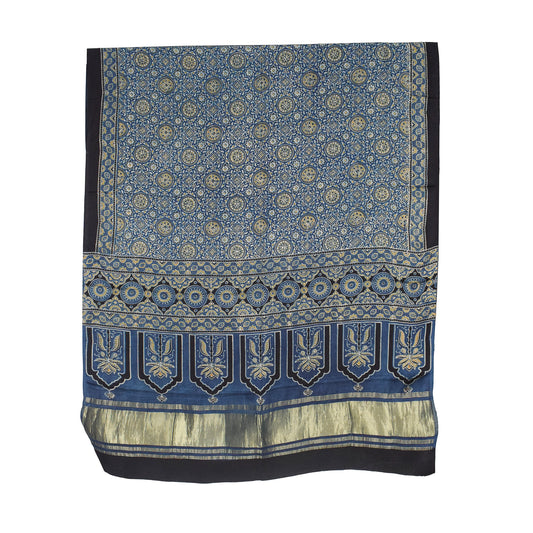 Ajrakh Modal Silk Natural Dye Hand Block Print Dupatta with Golden Border - 2.5 Mtr Length    -  SKU : AI21B01A