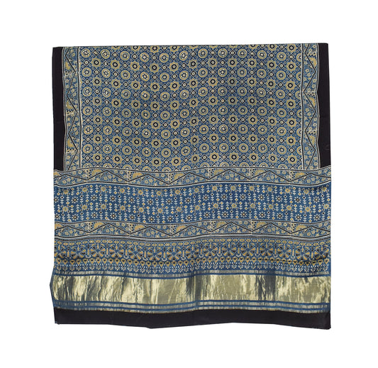 Ajrakh Modal Silk Natural Dye Hand Block Print Dupatta with Golden Border - 2.5 Mtr Length    -  SKU : AI21B01F