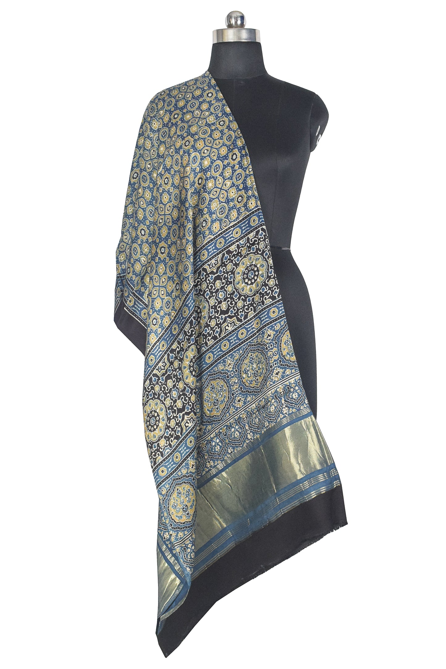 Ajrakh Modal Silk Natural Dye Hand Block Print Dupatta with Golden Border - 2.5 Mtr Length    -  SKU : AI21B01P