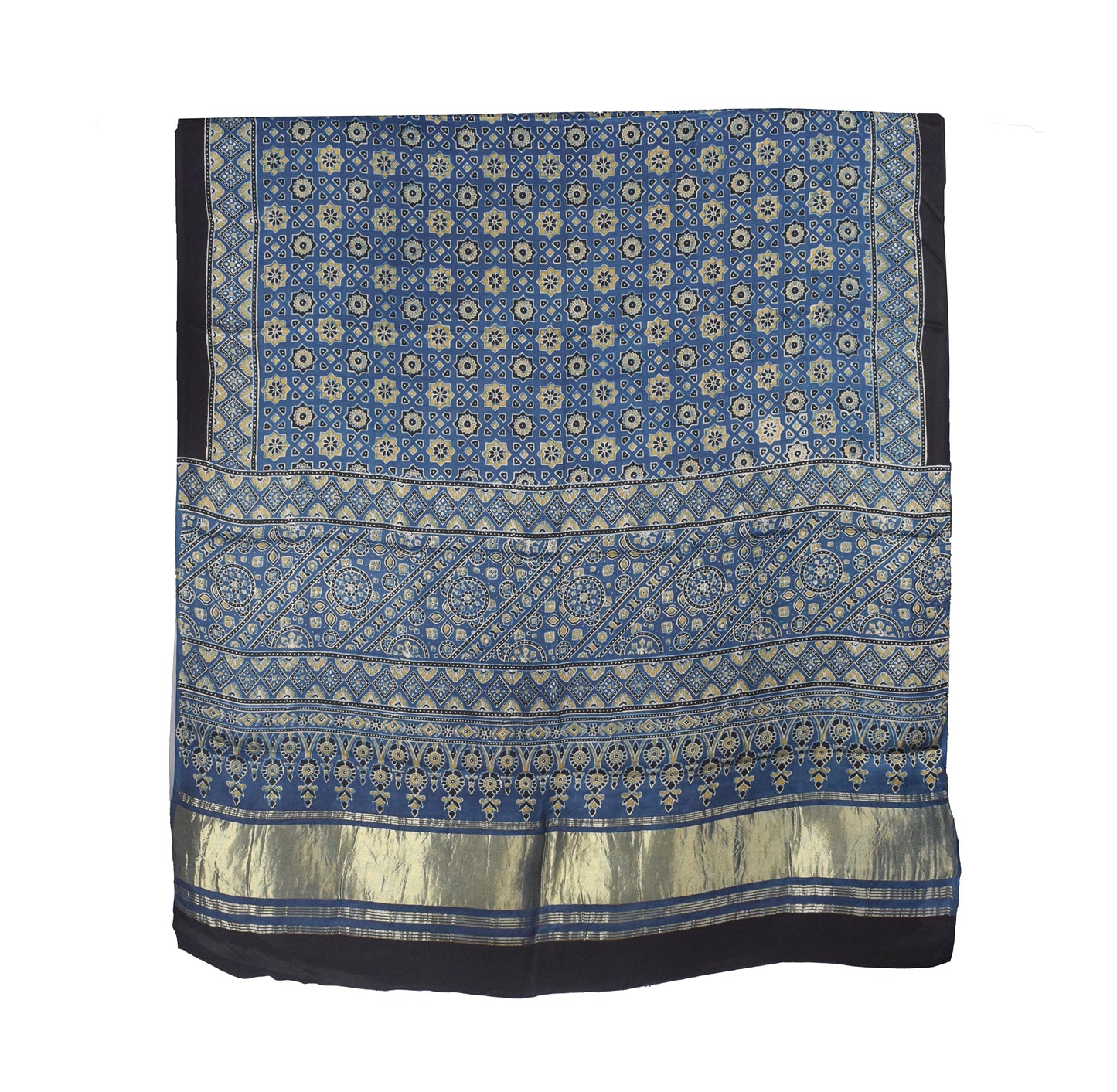 Ajrakh Modal Silk Natural Dye Hand Block Print Dupatta with Golden Border - 2.5 Mtr Length    -  SKU : AI21B01U