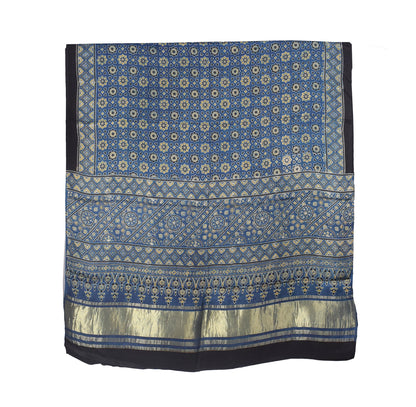 Ajrakh Modal Silk Natural Dye Hand Block Print Dupatta with Golden Border - 2.5 Mtr Length    -  SKU : AI21B01U