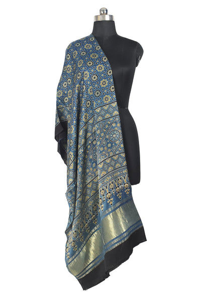 Ajrakh Modal Silk Natural Dye Hand Block Print Dupatta with Golden Border - 2.5 Mtr Length    -  SKU : AI21B01U