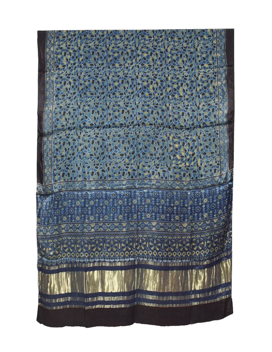 Ajrakh Modal Silk Natural Dye Hand Block Print Dupatta   with Golden Border  - 2.5 Mtr Length    -  SKU : ID16203M