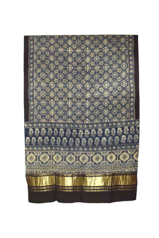 Ajrakh Modal Silk Natural Dye Hand Block Print Dupatta  with Golden Border - 2.5 Mtr Length    -  SKU : MS16301B