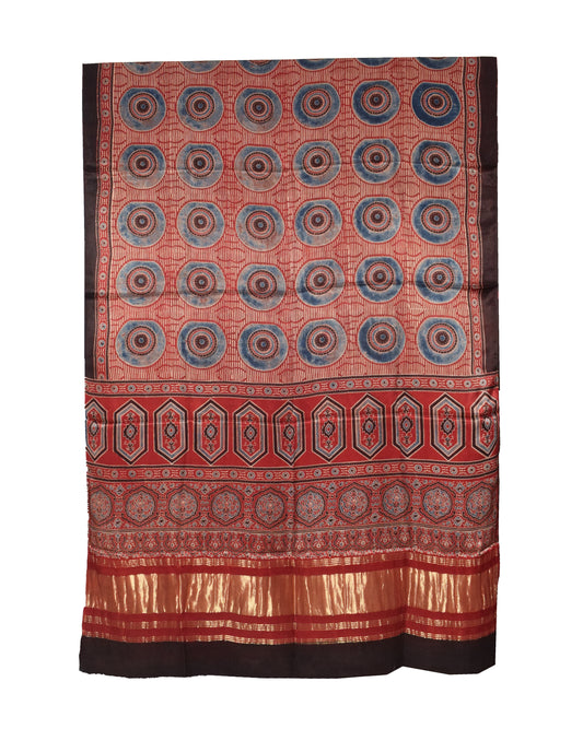 Ajrakh Modal Silk Natural Dye Hand Block Print Dupatta   with Golden Border  - 2.5 Mtr Length    -  SKU : ID16203A