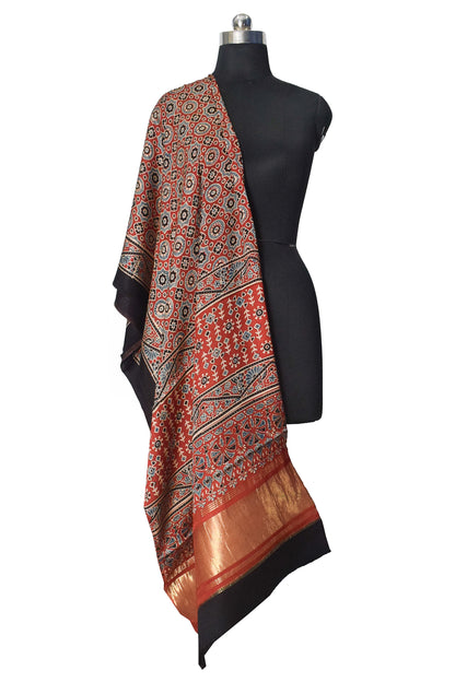 Ajrakh Modal Silk Natural Dye Hand Block Print Dupatta with Golden Border - 2.5 Mtr Length    -  SKU : AI21B01D