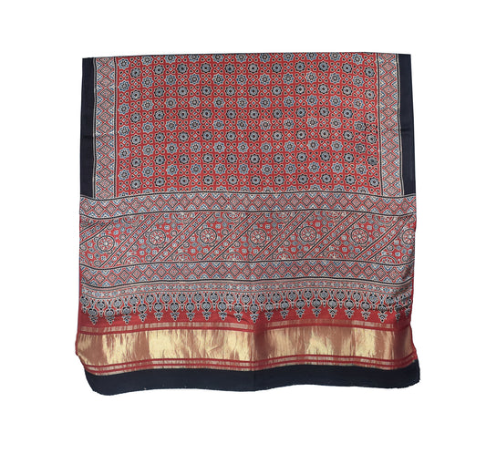 Ajrakh Modal Silk Natural Dye Hand Block Print Dupatta with Golden Border - 2.5 Mtr Length    -  SKU : AI21B01N