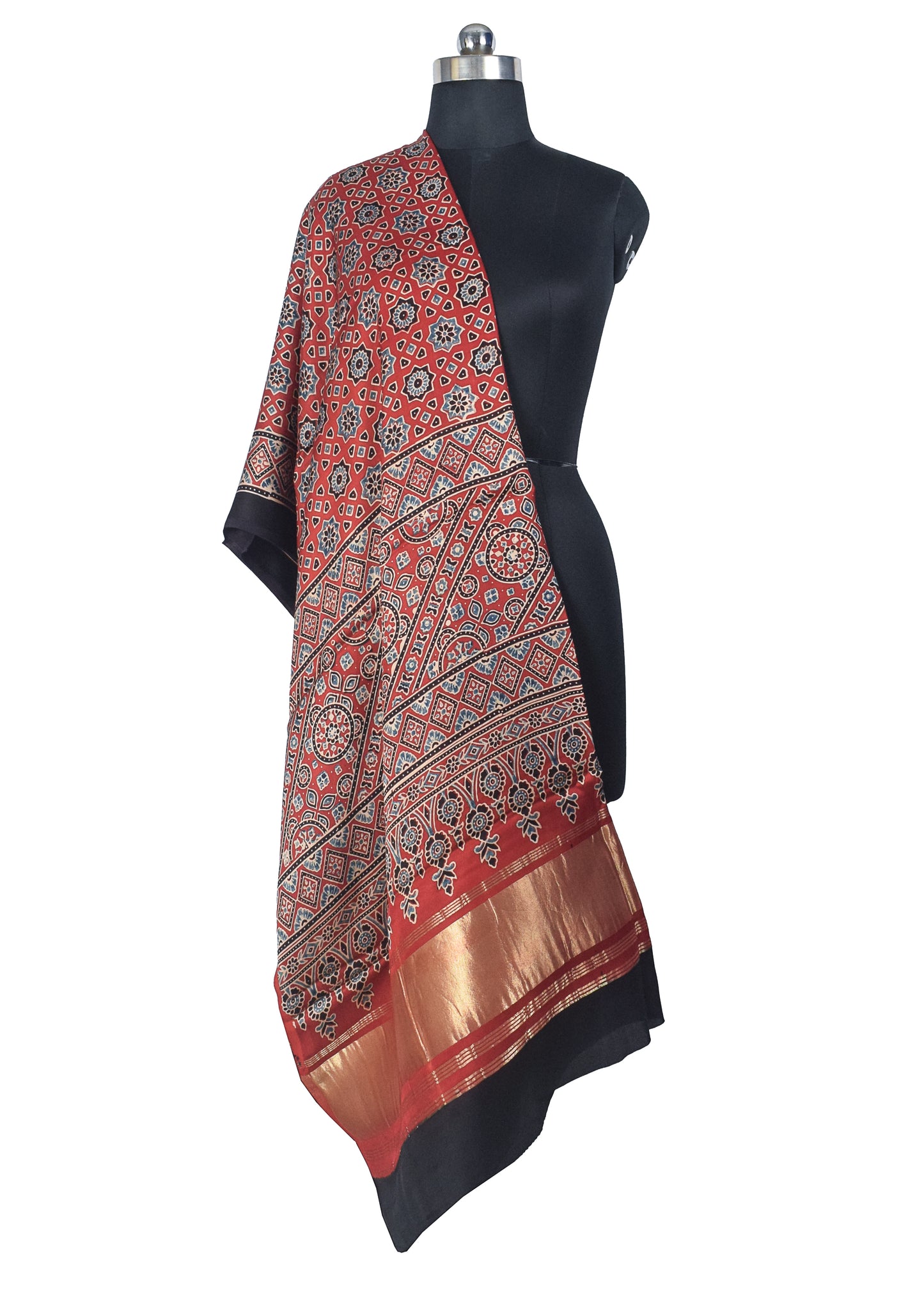 Ajrakh Modal Silk Natural Dye Hand Block Print Dupatta with Golden Border - 2.5 Mtr Length    -  SKU : AI21B01N