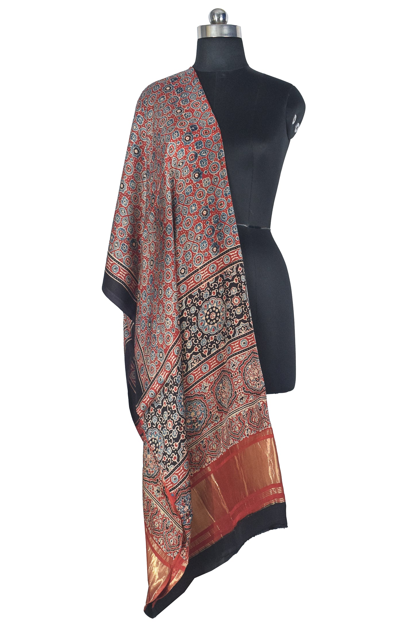 Ajrakh Modal Silk Natural Dye Hand Block Print Dupatta with Golden Border - 2.5 Mtr Length    -  SKU : AI21B01S