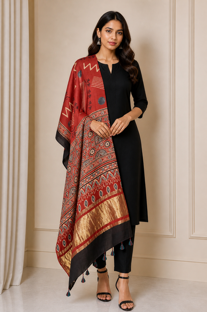Ajrakh Modal Silk Natural Dye Hand Block Print Dupatta with Golden Border - 2.5 Mtr Length    -  SKU : AI21B01E