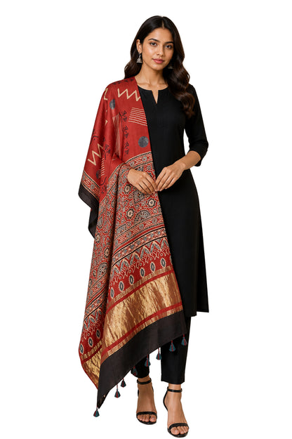 Ajrakh Modal Silk Natural Dye Hand Block Print Dupatta with Golden Border - 2.5 Mtr Length    -  SKU : AI21B01E
