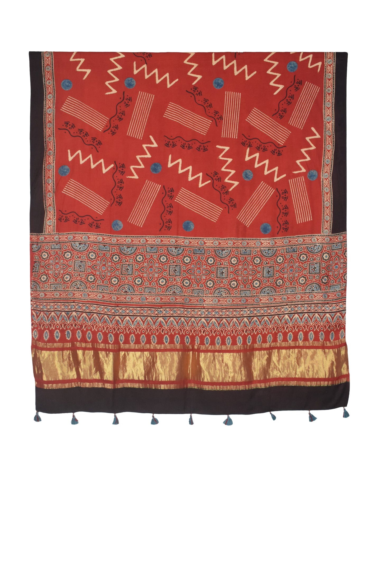 Ajrakh Modal Silk Natural Dye Hand Block Print Dupatta with Golden Border - 2.5 Mtr Length    -  SKU : AI21B01E