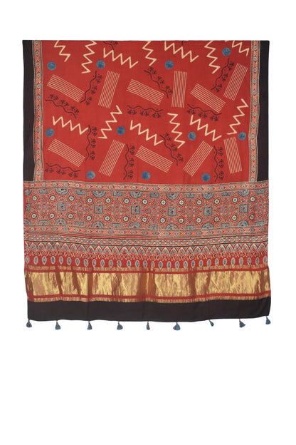 Ajrakh Modal Silk Natural Dye Hand Block Print Dupatta with Golden Border - 2.5 Mtr Length    -  SKU : AI21B01E