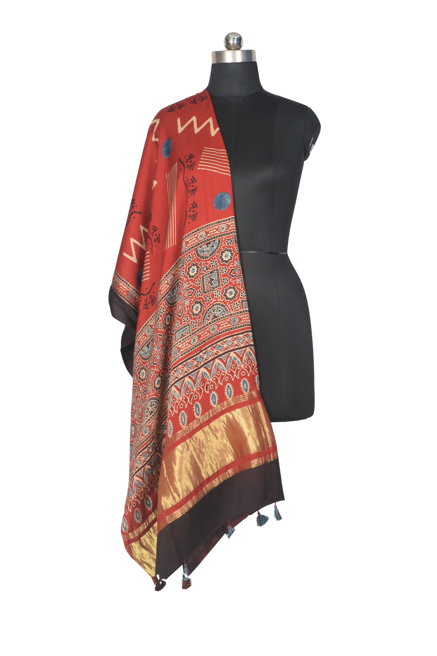 Ajrakh Modal Silk Natural Dye Hand Block Print Dupatta with Golden Border - 2.5 Mtr Length    -  SKU : AI21B01E