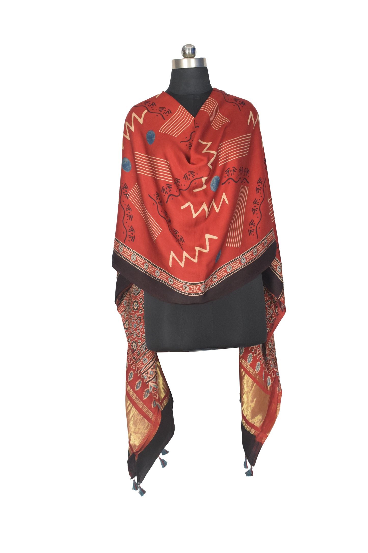 Ajrakh Modal Silk Natural Dye Hand Block Print Dupatta with Golden Border - 2.5 Mtr Length    -  SKU : AI21B01E