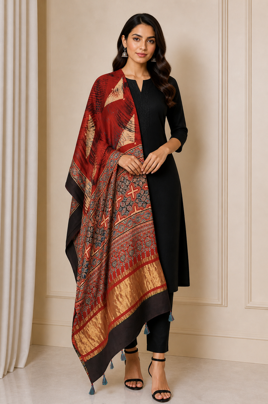 Ajrakh Modal Silk Natural Dye Hand Block Print Dupatta with Golden Border - 2.5 Mtr Length    -  SKU : AI21B01F