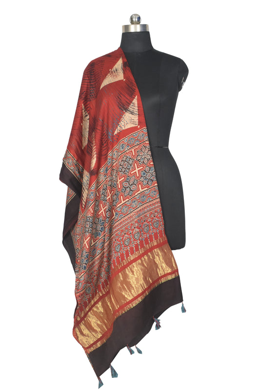 Ajrakh Modal Silk Natural Dye Hand Block Print Dupatta with Golden Border - 2.5 Mtr Length    -  SKU : AI21B01F