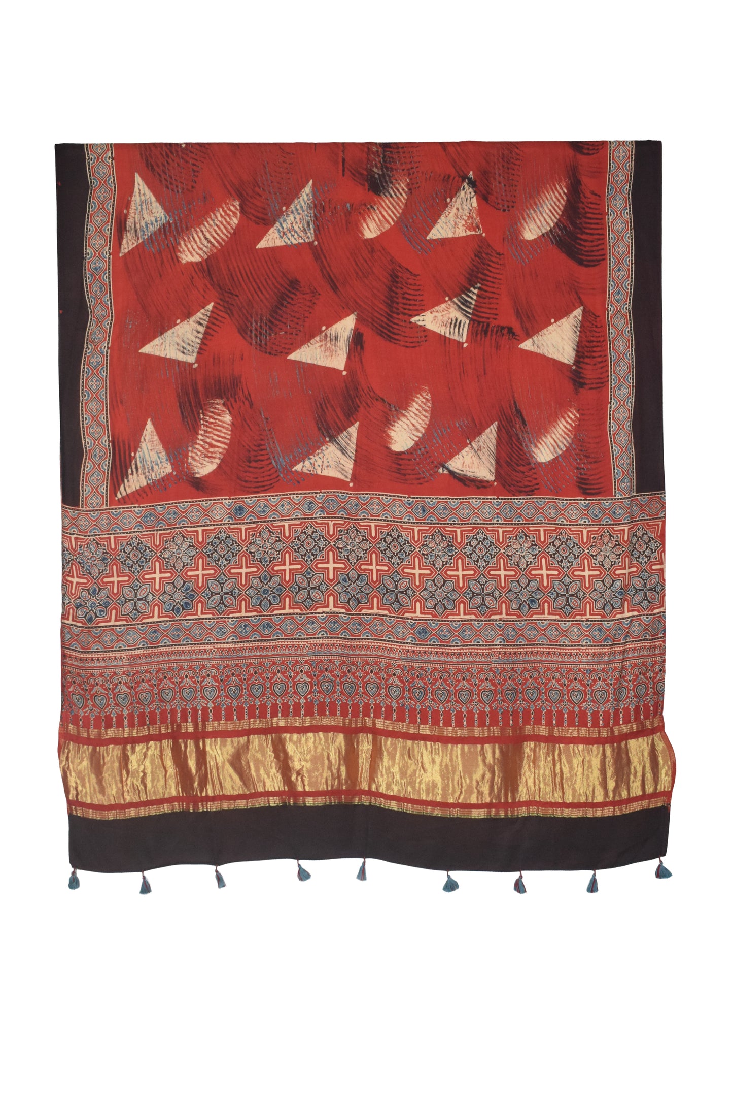 Ajrakh Modal Silk Natural Dye Hand Block Print Dupatta with Golden Border - 2.5 Mtr Length    -  SKU : AI21B01F