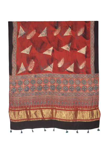 Ajrakh Modal Silk Natural Dye Hand Block Print Dupatta with Golden Border - 2.5 Mtr Length    -  SKU : AI21B01F