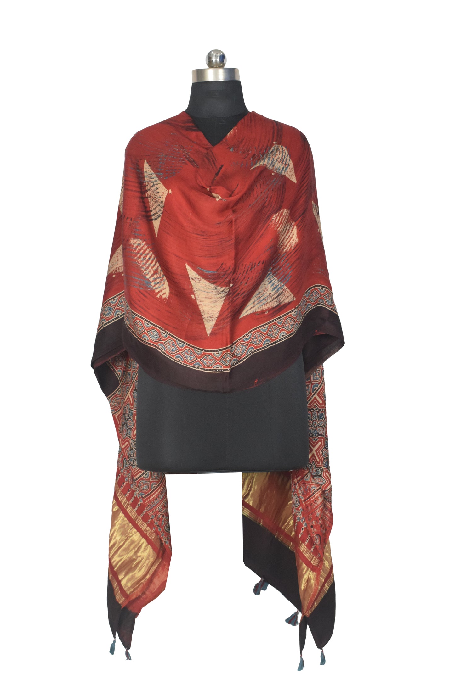 Ajrakh Modal Silk Natural Dye Hand Block Print Dupatta with Golden Border - 2.5 Mtr Length    -  SKU : AI21B01F