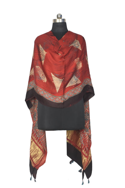 Ajrakh Modal Silk Natural Dye Hand Block Print Dupatta with Golden Border - 2.5 Mtr Length    -  SKU : AI21B01F