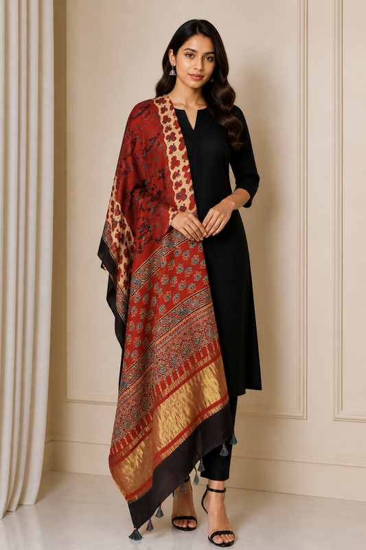 Ajrakh Modal Silk Natural Dye Hand Block Print Dupatta with Golden Border - 2.5 Mtr Length    -  SKU : AI21B01G