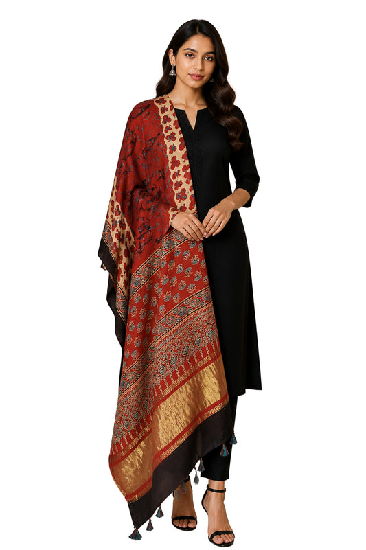 Ajrakh Modal Silk Natural Dye Hand Block Print Dupatta with Golden Border - 2.5 Mtr Length    -  SKU : AI21B01G